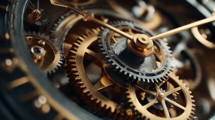 Intricate close-up of vintage clock mechanism showcasing detailed gears and elegant craftsmanship with golden accents
