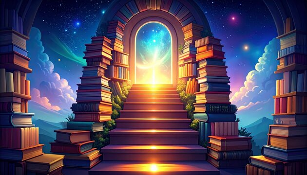 A stairway of books leading to a luminous portal in a mystical library setting at night. - Powered by Adobe