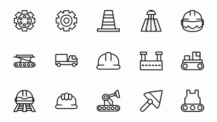 Construction industry icons set vector design elements engineering safety work tools and machines outline style