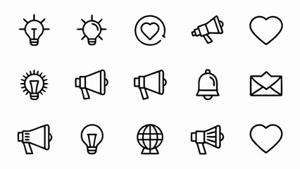 Marketing promotion icons set vector design light bulb megaphone email notification heart global communication