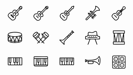 Vector musical instruments illustration featuring guitar drum piano trumpet and other music equipment icons
