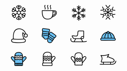 Winter season clip art vector design with snowflake, hat, mitten, socks, sled, ice skate and hot drink