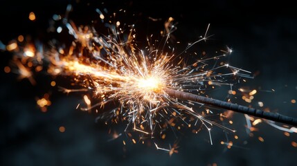 Fototapeta premium Close-Up of a Sparkler Producing Bright Sparks in Darkness for Celebrations and Festivities