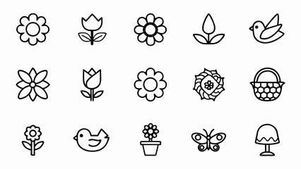 Spring floral vector art flowers birds butterflies basket decorative design elements garden nature icons set