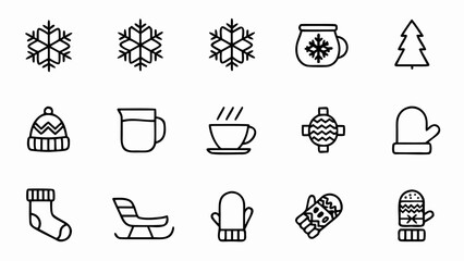 Winter christmas holiday vector icons set snowflakes hot drinks tree hat mitten sock sled and ornament design
