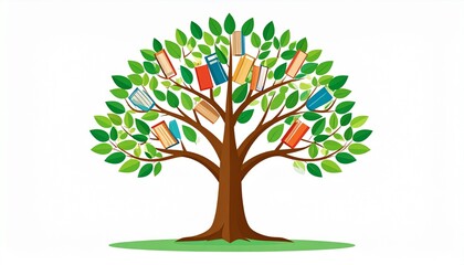 Fototapeta premium A vibrant tree laden with colorful books, symbolizing knowledge and growth.