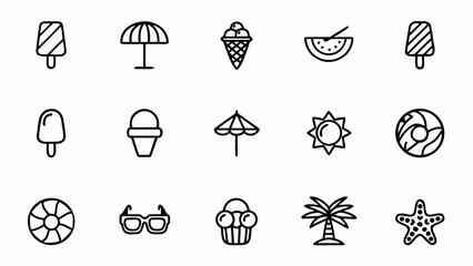 Summer vacation vector icons set featuring ice cream, beach umbrella, sunglasses and other summer elements