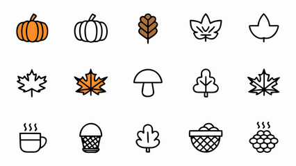 Autumn fall season vector icon set with pumpkin leaves mushroom and basket for thanksgiving designs elements