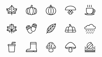 Autumn season vector icon set including leaves pumpkins mushrooms rain boots and cozy elements line art style