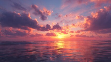 Fototapeta premium Breathtaking Sunset Over Tranquil Ocean Reflected in Water with Colorful Clouds Illuminated by Evening Light