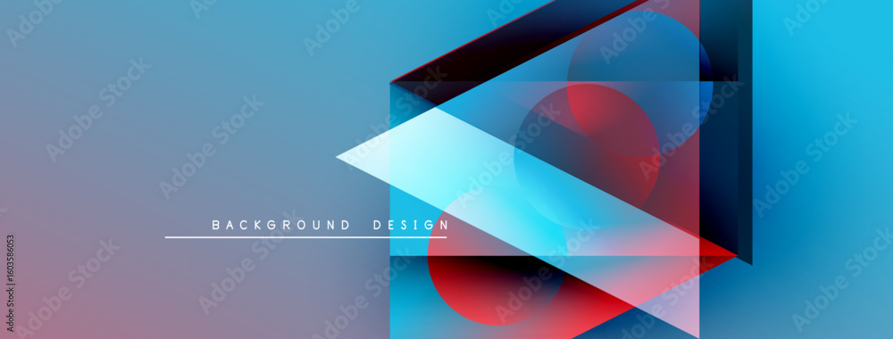 Poster abstract geometric shapes overlap, creating vibrant blue, red gradients. modern design elements sugg