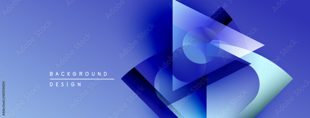 Poster abstract blue design features overlapping geometric shapes. gradient colors create depth, modern aes