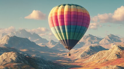 Obraz premium Colorful hot air balloon soaring above stunning mountain landscape on a clear sunny day with soft clouds in the blue sky
