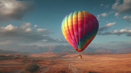 Colorful Hot Air Balloon Floating Above Serene Landscape with Mountains and Clouds in Clear Blue Sky