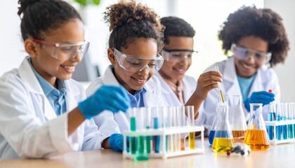 Four young students in lab coats conduct experiments with colorful liquids in test tubes.