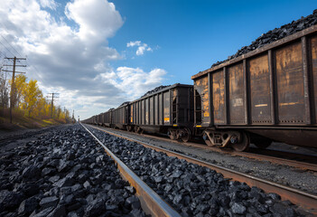 Obraz premium Freight train cars are loaded with black coal on a sunny day in a rural setting