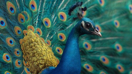 Fototapeta premium Colorful and Majestic Peacock Displaying Its Vibrant Plumage with Iridescent Feathers in Nature