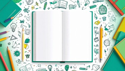 Open blank notebook with scattered creative and educational elements surrounding it.