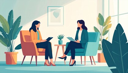 Two women in an office setting, engaged in a conversation, holding clipboards.