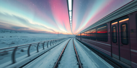 Blank canvas-style ad on a moving train inside a dreamlike sky rail system that cuts through auroras