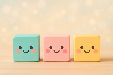 Cheerful Pastel Colored Cubes with Drawn Faces for Kids' Education, Learning, and Emotional Development