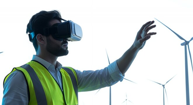Engineer using VR to inspect wind turbines - Powered by Adobe