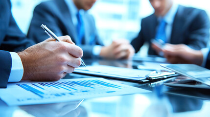 Three business professionals sitting at a conference table with documents and a laptop, discussing a financial report.