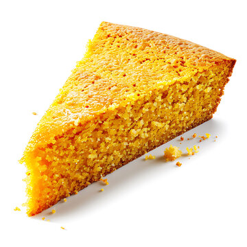 A slice of golden cornbread with a crumbly texture, isolated on a white background.