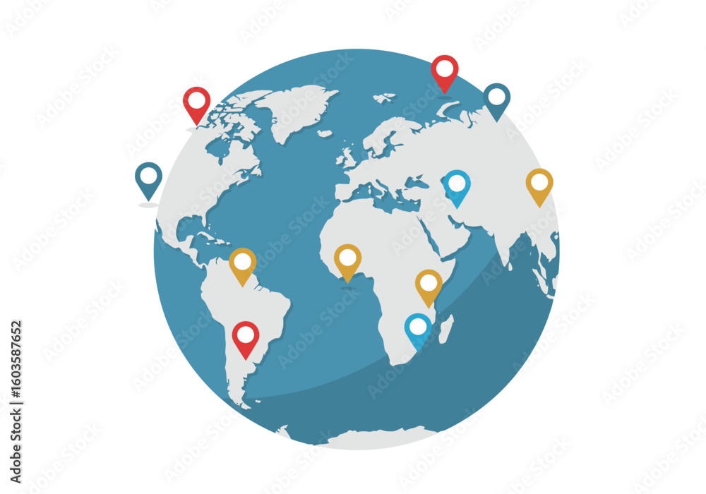 Poster a world map with various colored pins designating different locations across continents