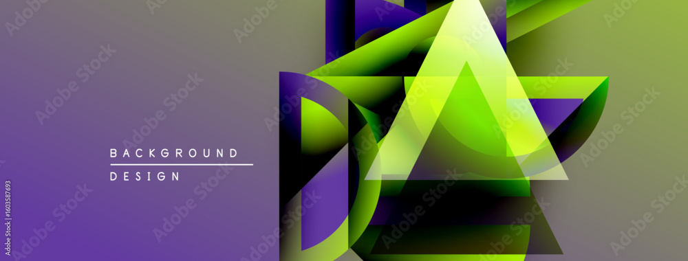 Poster abstract geometric shapes overlap, creating vibrant purple, green gradient effect. modern design ele