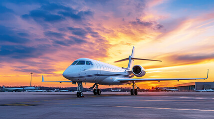 A private jet on a runway with a sunset in the background.