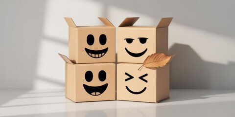 Cardboard boxes with smiling faces emoji stacked