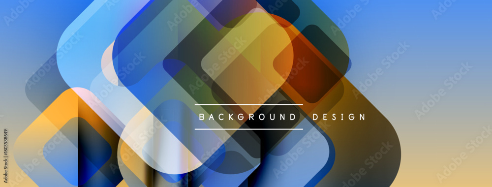 Poster abstract geometric shapes overlap, creating dynamic gradient background. blue, orange hues dominate 