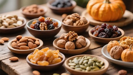 Various nuts and dried fruits are placed in wooden bowls on a wooden table, creating a healthy and delicious snack feast atmosphere.
