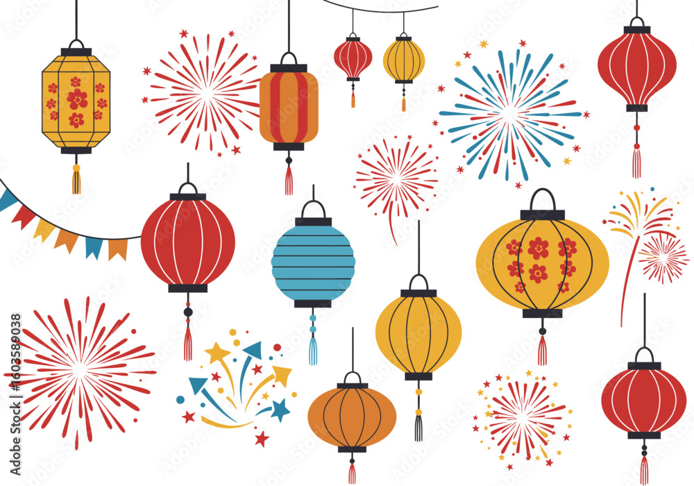 Poster lanterns fireworks an array of colorful hanging lanterns with festive fireworks creating a vibrant c