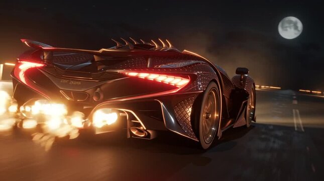a cinematic video of a dragon-inspired hypercar speeding through a desert at night, the car shoots flames from its exhaust like a dragon breathing fire, glowing red and gold dragon-scale textures acro