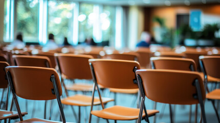 Empty conference room with rows of chairs and a window in the background.