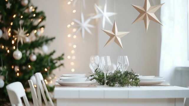 Elegant holiday dining setup with decorations and Christmas tree in bright indoor space