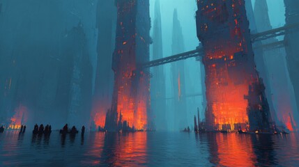 A Dystopian Landscape with Towering Structures and Fiery Reflections Under a Mysterious Blue Atmosphere