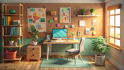 Artistic Home Office With Cork Board Vision Wall And Warm Lighting  