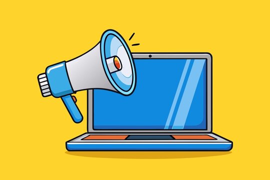 Cartoon Laptop with Megaphone for Online Announcement on Yellow Background