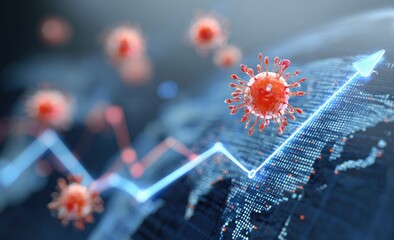 Virus, rising graph, world map.  Digital visualization of a pandemic's economic impact