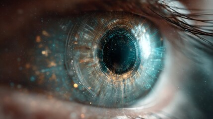 Close-up View of Futuristic Human Eye with Digital Elements and High-Tech Patterns in a Sci-Fi Aesthetic