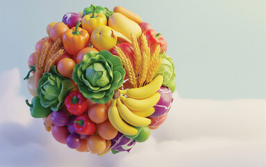 Let's ensure food for all. Collection of food item. World Food Day, concept image to raise awareness, 3d rendering.