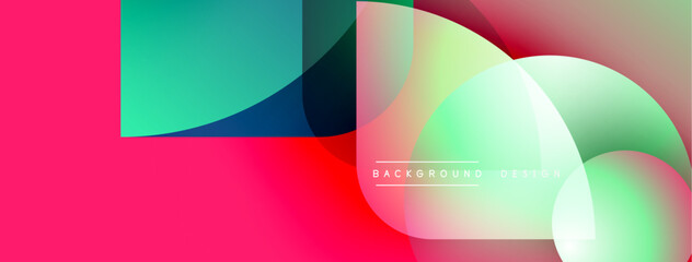 Abstract vibrant design features overlapping shapes, gradients. Pink dominates, teal accents present. Modern aesthetic, dynamic composition.