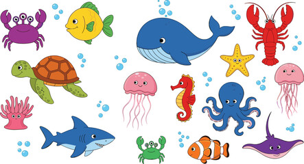 Cartoon sea creatures illustration, colorful ocean animals including whale, shark, octopus, turtle, jellyfish, crab, lobster, starfish, seahorse, vector aquatic artwork, marine life