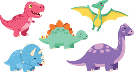 Colorful cartoon dinosaurs with fun expressions, cute prehistoric animal characters illustration, playful kids design concept, creative vector artwork, educational children’s drawing, stock image