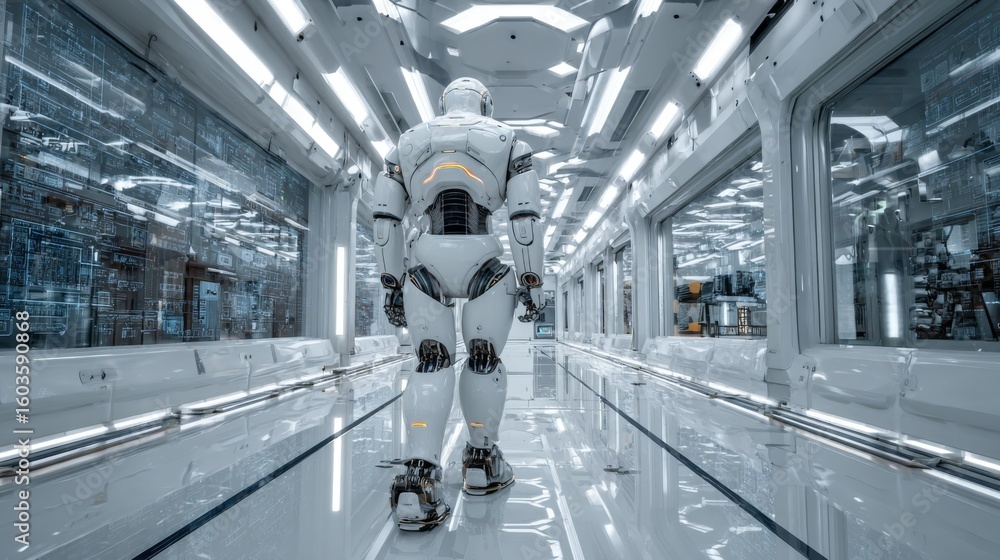 Poster futuristic robot walking in sleek high-tech corridor of modern laboratory with advanced technology s