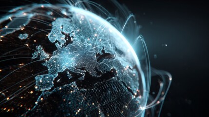Digital Global Network Visualization with Bright Connections Over Europe and Glowing Vector Lines on Dark Background
