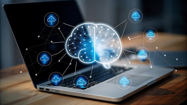Digital Ai Brain Surrounded By Cloud Computing Icons In Futuristic Network Technology Concept - Powered by Adobe